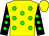Yellow with Green spots, black sleeves with green spots, yellow cap