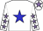 White, blue star, white sleeves, mauve stars, white cap, mauve star