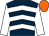 Dark blue, white chevrons and sleeves, orange cap