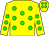 Yellow body, big-green spots, yellow arms, big-green spots, yellow cap, big-green spots