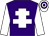 Purple body, white cross of lorraine, white arms, white cap, purple hooped