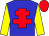 Blue body, red cross of lorraine, yellow arms, red cap