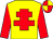 Yellow body, red cross of lorraine, red arms, red cap, yellow quartered