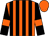 Orange body, black striped, black arms, orange armlets, orange cap