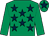 Emerald green, dark blue stars, emerald green sleeves, emerald green cap, dark blue star