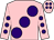 Pink, large purple spots, pink sleeves, purple spots, pink cap, purple spots