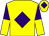 Yellow, purple diamond, purple and yellow halved sleeves, yellow cap, purple diamond