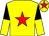 Yellow, red star, black and yellow halved sleeves, yellow cap, red star