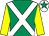 Emerald green, white cross belts, yellow sleeves, white cap, emerald green star