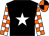 black, white star, white sleeves, orange checks, orange cap, black quartered
