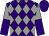 purple and grey diamonds, grey and purple halved sleeves, purple cap