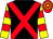 Black, red cross sashes, yellow sleeves, red hoops, red cap, yellow hooped