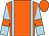 orange, light blue braces, light blue sleeves, orange armlets and cap