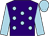 purple, light blue spots, light blue sleeves and cap