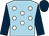 Light blue, white spots, dark blue sleeves, dark blue cap