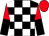 Black and white check, red and black halved sleeves, red cap