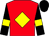 Red, yellow diamond, black sleeves, yellow armlet, black cap