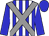 blue, white stripes, grey cross sashes, blue sleeves and cap
