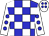 blue and white checks, blue spots on white sleeves, blue spots cap