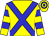 Yellow body, blue cross belts, yellow arms, blue hooped, yellow cap, blue hooped