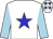 white, blue star, light blue sleeves, blue stars on cap