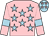 Pink, light blue stars and armlets, light blue cap, pink stars