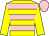 yellow, pink hoops, yellow sleeves, pink cap