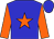 Blue body, orange star, orange arms, blue cap