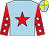Light blue, red star, red sleeves, white stars, yellow & light blue quartered cap