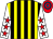 Yellow and black stripes, white sleeves, red stars, red and royal blue hooped cap