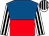royal blue and red halved horizontally, white sleeves, black stripes, white cap, black stripes