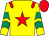 Yellow, red star, red epaulets, emerald green chevrons on sleeves, red cap