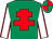 Emerald green, red cross of lorraine, white sleeves, red seams, emerald green and red quartered cap