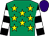 Emerald green, yellow stars, black & white hooped sleeves, purple cap