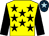 Yellow, black stars, black sleeves, dark blue cap, light blue star