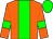 Orange body, green stripe, orange arms, green armlets, green cap