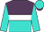 Petunia and turquoise halved horizontally, white hoop, turquoise sleeves and cap, petunia peak