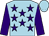 Light blue, purple stars, purple sleeves, light blue cap