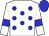 white, blue spots, blue armlets on sleeves, blue cap