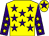 Yellow, purple stars, purple sleeves, yellow stars, yellow cap, purple star