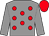 Grey, red spots, grey sleeves, red cap