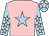 Pink, light blue star, light blue sleeves, pink stars, light blue cap, pink star