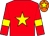 Red body, yellow star, red arms, yellow armlets, orange cap, yellow star