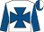 White, royal blue maltese cross, royal blue sleeves, halved cap