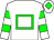 White with green hollow box, white sleeves with green hoops, White cap, Green diamond