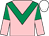 Pink, emerald green chevron, emerald green and pink halved sleeves, white cap