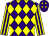 Purple and yellow diamonds, yellow and purple striped sleeves