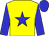 yellow, blue star, blue sleeves and cap