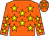 Orange body, yellow stars, orange arms, yellow stars, orange cap, yellow stars