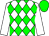 white and green diamonds, white sleeves, green cap